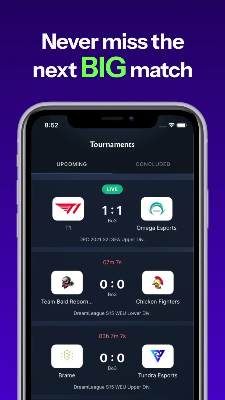 Dotastatz tournaments screen with live match scores