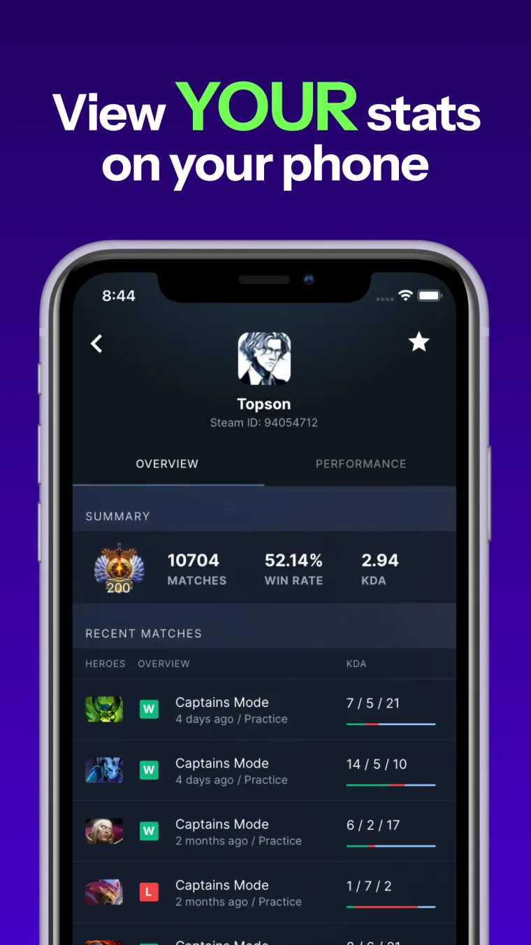 Dotastatz player profile with match summary and recent games
